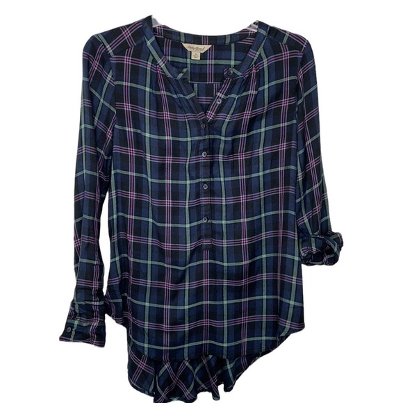 LUCKY BRAND Women’s Plaid V-neck Button Down Shirt Size Small - Picture 1 of 14